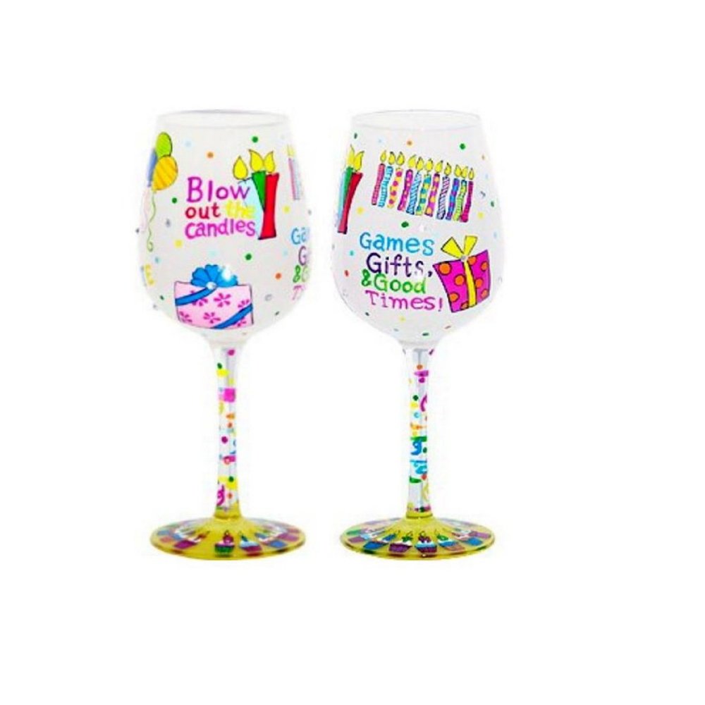 Blow Out the Candles Bottom's Up Hand Painted Wine Glass with Bling